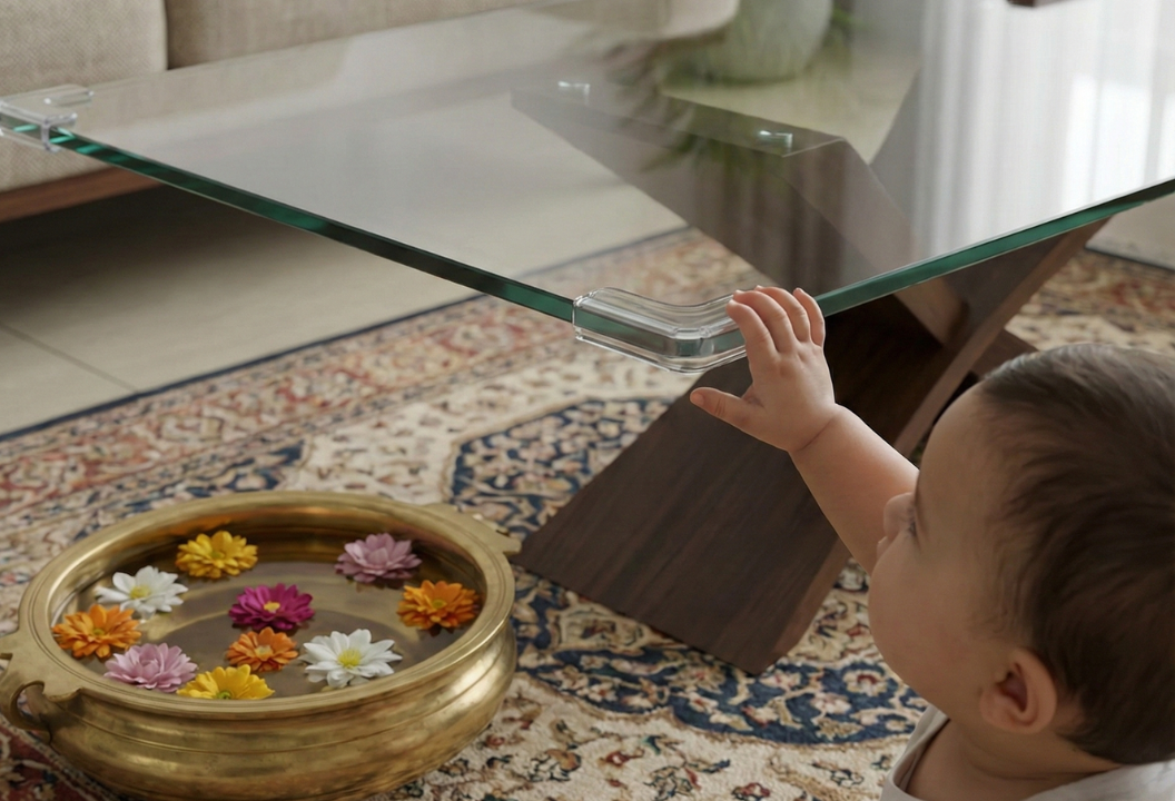 Transparent silicone edge guards applied to a sharp glass coffee table to prevent head injuries.