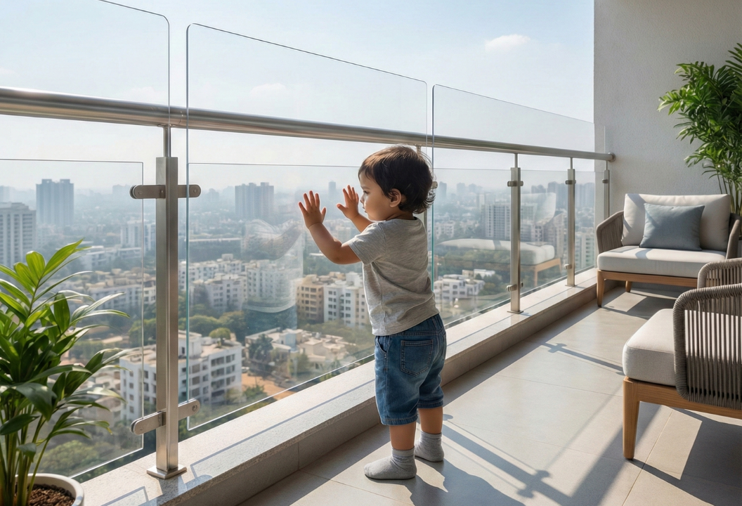 Pressure-mounted metal safety gate installed at the top of stairs in a duplex bungalow to prevent falls.