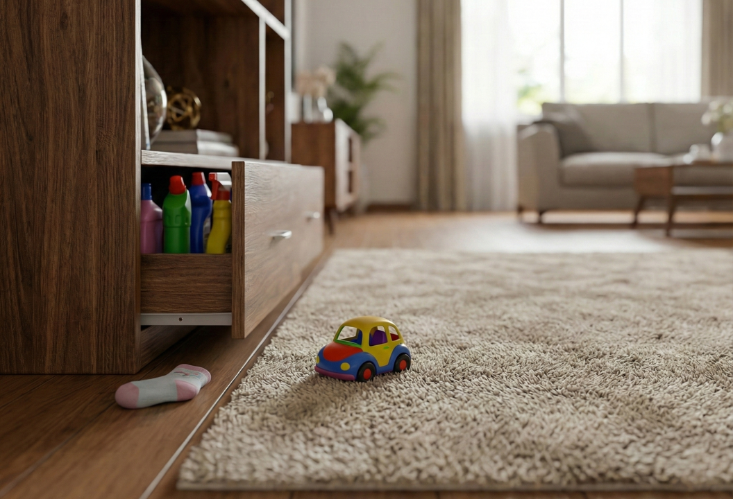 Aesthetic living room interior featuring invisible safety locks and clear edge guards that blend with premium furniture.